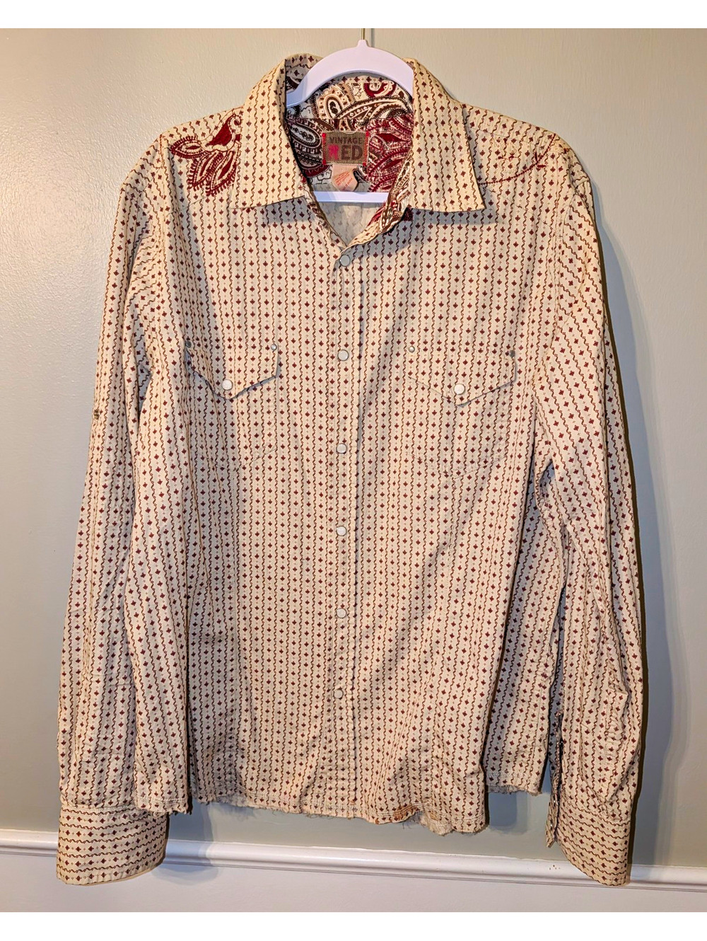 Vintage Red Mens XL Long Sleeve Woven Cotton Geometric Button Up Embroidered